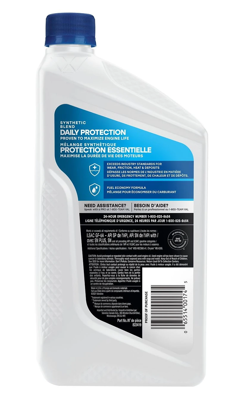 Huile à moteur Valvoline protection essentielle 5W20 au mélange synthétique 2T-5T