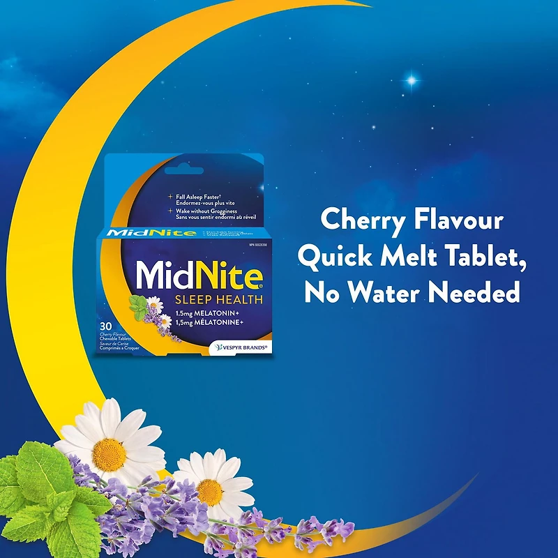 MidNite Natural Sleep Aid Chewable Tablets - Cherry Flavoured | Contains Melatonin (1.5mg), Chamomile, Lavender & Lemon Balm | Treatment for Occasional Sleeplessness | Non-habit Forming | The only one, 30 Tablets