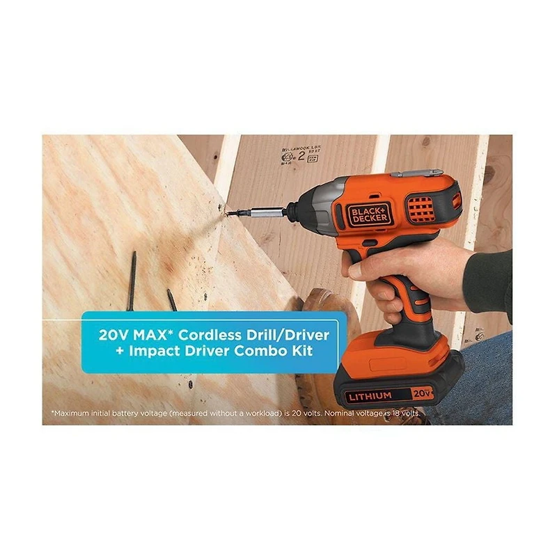 Ens. combiné de perceuse/visseuse et tournevis BD2KITCDDI de Black & Decker à choc 20 V MAX lithium ion Comprend une perceuse/visseuse, un tournevis à choc, une batterie 20 V MAX lithium ion et un chargeur