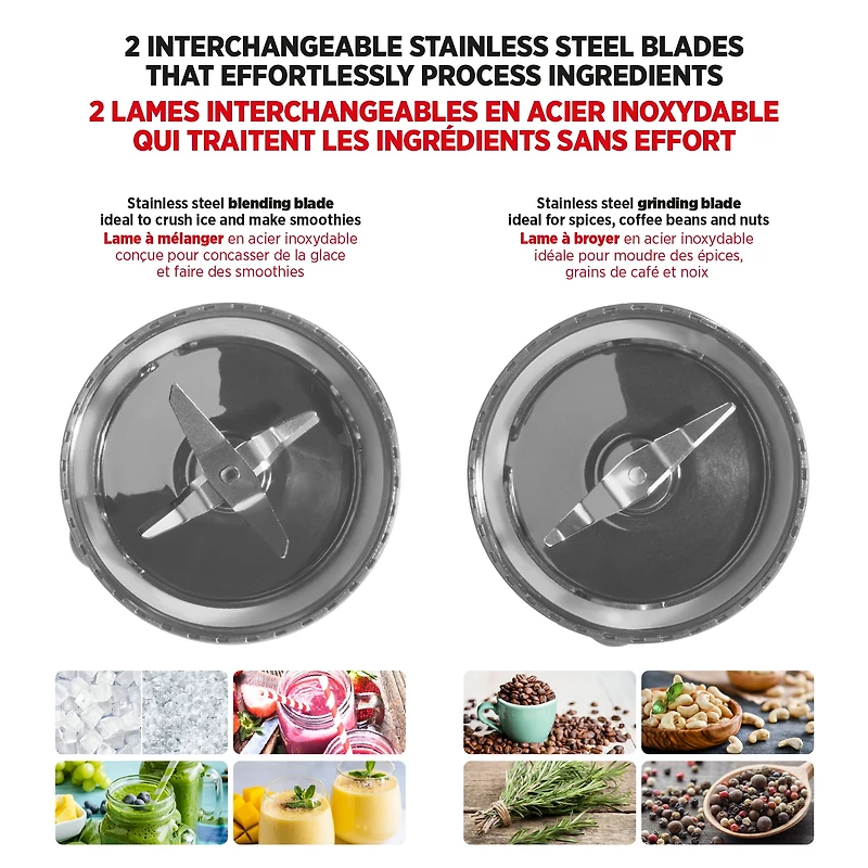 Starfrit 7 pcs  Personal Blender, 2 x 28oz (828ml) cups, 2 x travel lids, 2 blades, 3 speed modes: Low, High & Pulse, 300W, Blend smoothies, shakes, and soups with ease! The Starfrit Personal Blender has a 300W motor, 3 speeds, 2 tumblers with lids, and safety features. Dishwasher-safe and BPA-free for quick, safe, and convenient use.