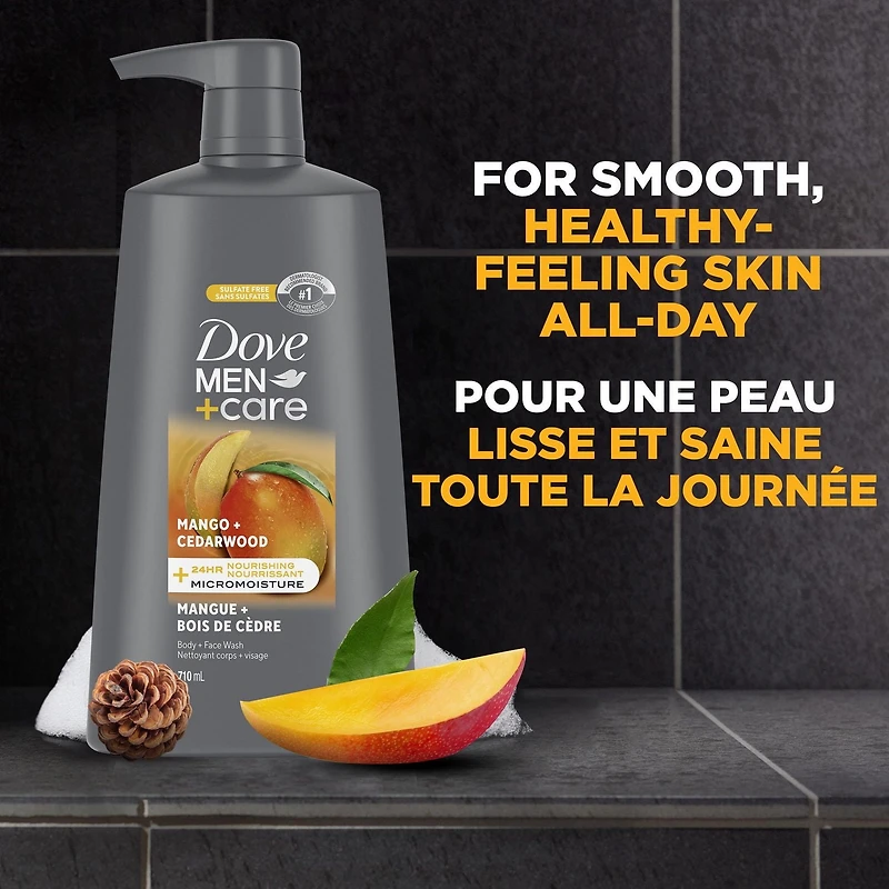 Dove Men+Care Rejuvenating Mango + Cedarwood Body and Face Wash for Men, Mango & Cedarwood with 24-Hour Nourishing Micromoisture Technology, with pump, 710mL, 710mL