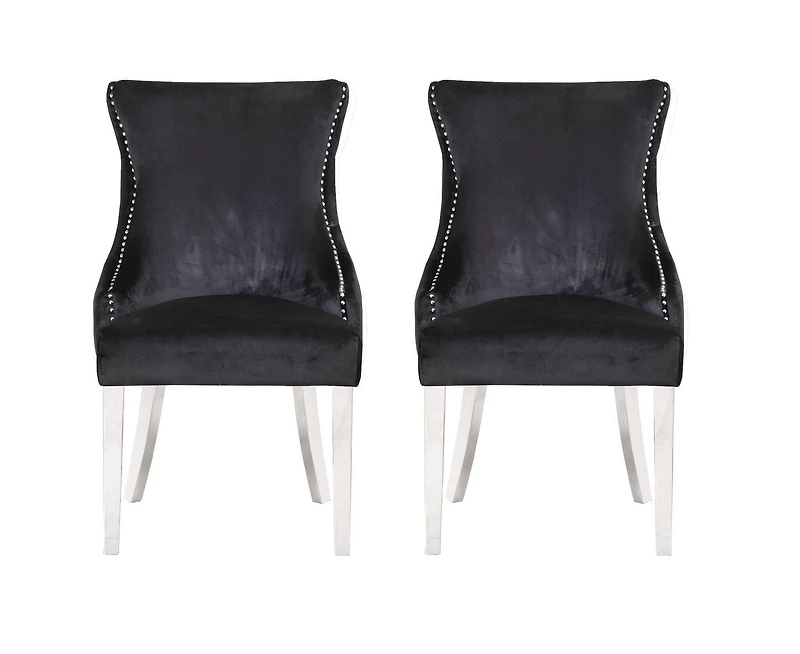 Chaise Odie en noir, chaise de salle à manger avec garniture cloutée, chaise de salle à manger en velours, chaise de salle à manger avec pieds en acier inoxydable pour cuisine et salon - Ensemble 2