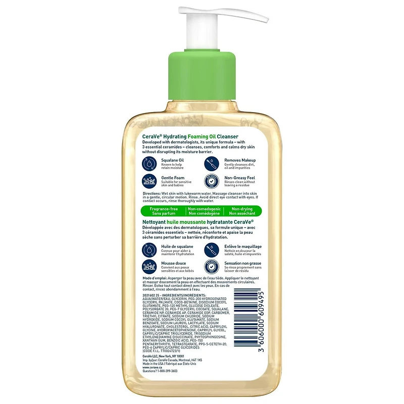 CeraVe Hydrating Foaming Oil Cleanser | Face & Body Wash with Squalane Oil, Hyaluronic Acid and Ceramides | For Dry to Very Dry Skin | 237 mL, Ideal for dry, very dry and sensitive skin