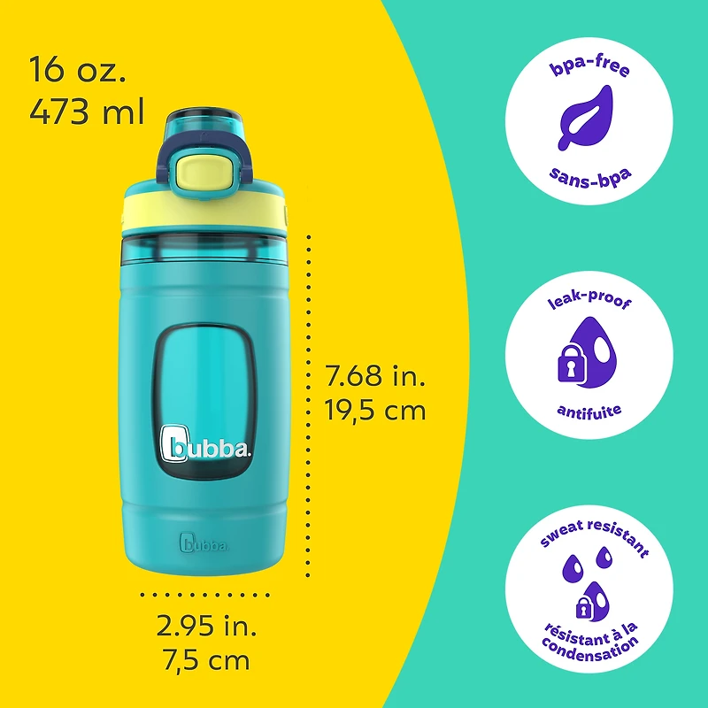 Bouteille d’eau pour enfants Flo bubba, 473 ml, large ouverture, manchon en silicone, couvercle à bouton-poussoir