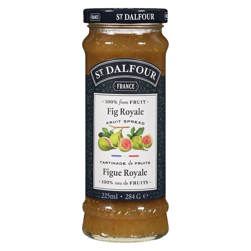 Tartinade royale aux figues de St Dalfour La tartinade aux figues royales de St. Dalfour est une tartinade aux fruits riche et entièrement naturelle à base de figues de première qualité et sucrée uniquement avec du concentré de jus de fruits. Sans sucre ajouté, sans arômes artificiels ni conservateurs, il offre une texture onctueuse