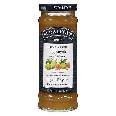 Tartinade royale aux figues de St Dalfour La tartinade aux figues royales de St. Dalfour est une tartinade aux fruits riche et entièrement naturelle à base de figues de première qualité et sucrée uniquement avec du concentré de jus de fruits. Sans sucre ajouté, sans arômes artificiels ni conservateurs, il offre une texture onctueuse