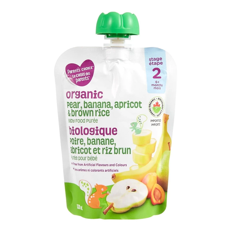 Parent's Choice Purée Biologique pour Bébés Poire, Banane, Abricot & Riz Brun