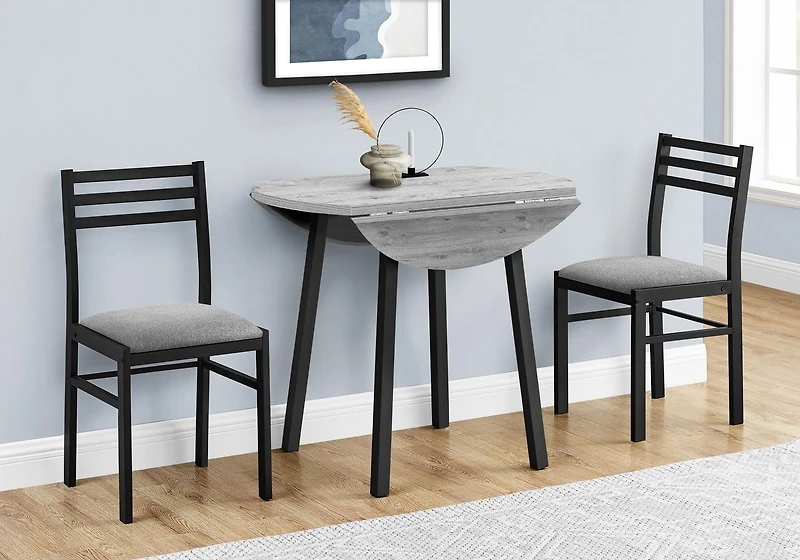 Monarch Specialties Dining Table Set, 3pcs Set, Small, 35" Drop Leaf, Kitchen, Black Metal, Grey Laminate, Contemporary, Modern