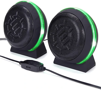 améliorer Jeu LED Ordinateur haut-parleurs avec caisson de basse, puissant 5 W pilotes et contrôle de volume en ligne – Green Lights, Alimenté par USB 2.0, connexion de 3,5 mm pour ordinateur de burea