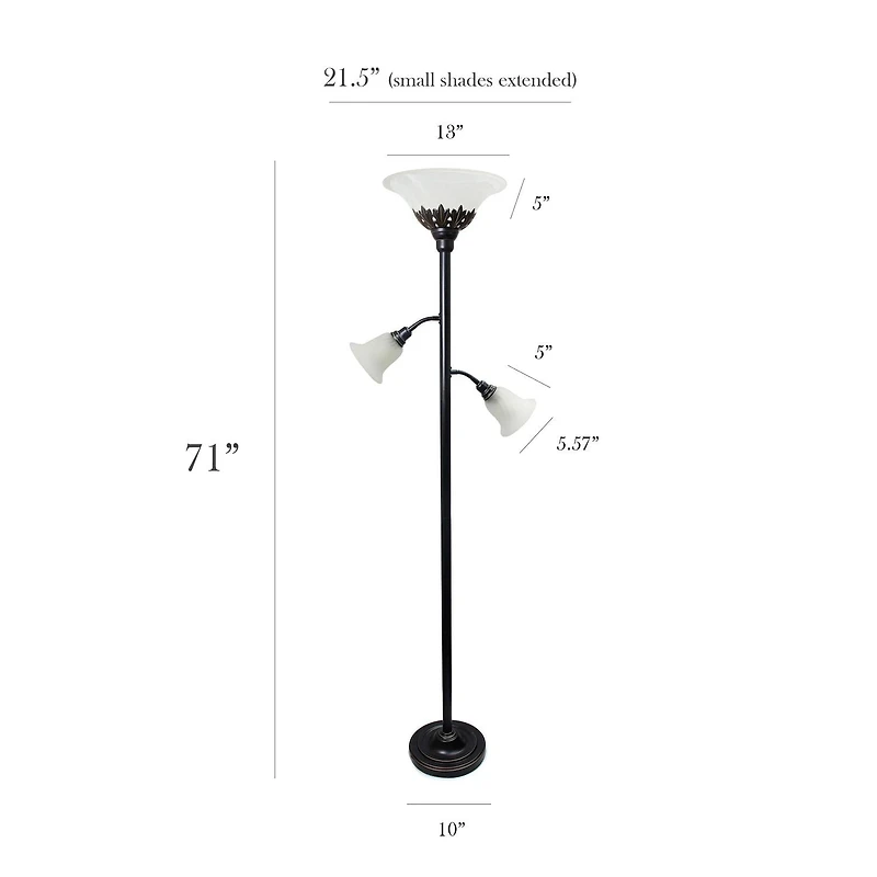 Lampadaire Elegant Designs à 3 lampes avec abat-jour en verre festonné blanc
