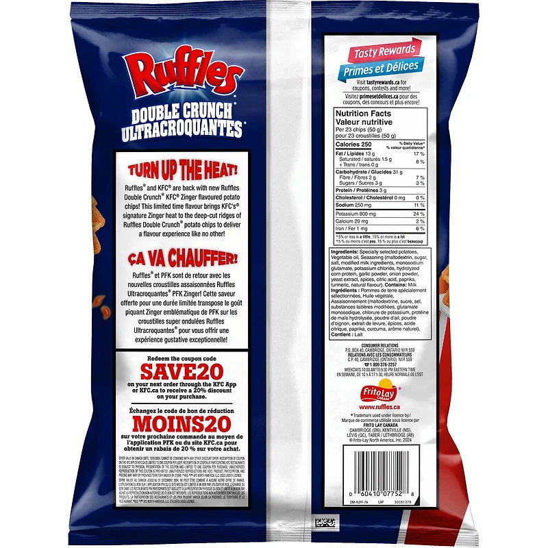 Ruffles Ultracroquantes croustilles assaisonnées PFK Zinger Poulet piquant et épicé