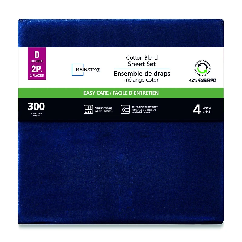 Mainstays 4-Piece 300 Thread Count Blue - CVC Cotton Blend Bed Sheet Set, King (Adult)