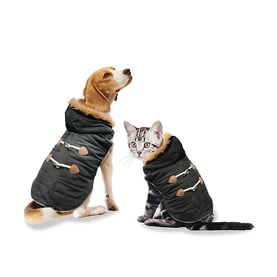 Holiday Time Dog Clothes: Hooded Jacket for Fall & Winter, Black with Faux Toggles, Size XS-XL