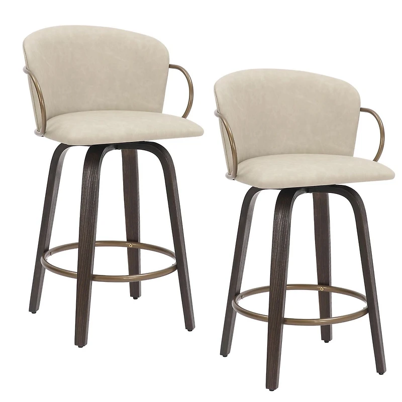 Tabouret de Comptoir, 26 po, avec Siège Pivotant, Jeu de 2 Milieu du Siècle en Similicuir et Bois et Métal - Ivoire et Brun et Or Vieilli