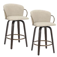 Tabouret de Comptoir, 26 po, avec Siège Pivotant, Jeu de 2 Milieu du Siècle en Similicuir et Bois et Métal - Ivoire et Brun et Or Vieilli
