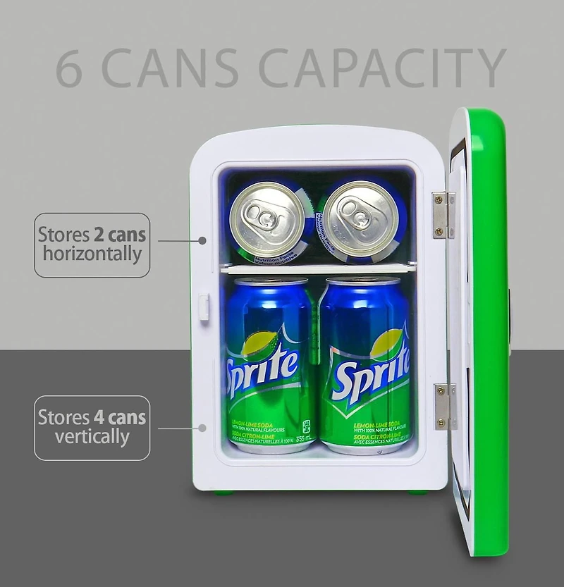 Coca-Cola Sprite Mini Frigo 6 canettes AC/DC, refroidisseur/chauffe-bouteille compact, rangement pour boissons à la maison et en voiture