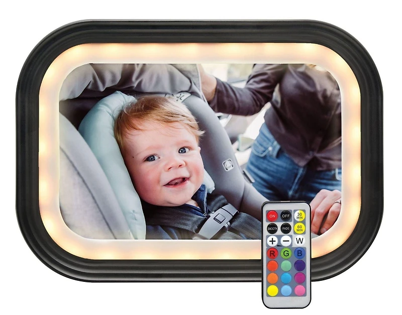 GoldBug Glow Rear-Facing Baby Car Seat Mirror, Adjustable LEDs & Remote Control, Black, Goldbug Glow Mirror