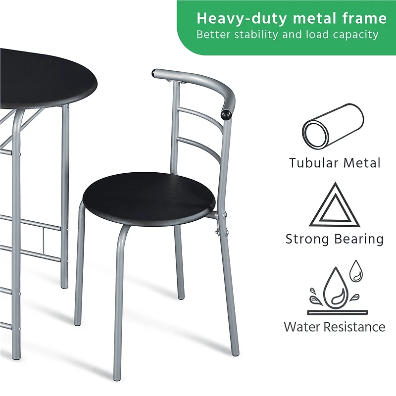 Fullfurnique Ensemble de salle à Manger Rond Moderne 3 Pièces avec Table et 2 Chaises Pieds en Acier, Noir