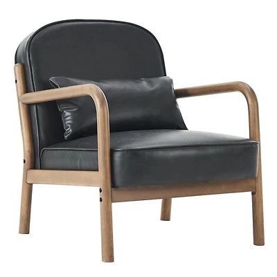 Milieu du siècle moderne Similicuir et Bois Massif Fauteuil, Similicuir - Noir et Noyer