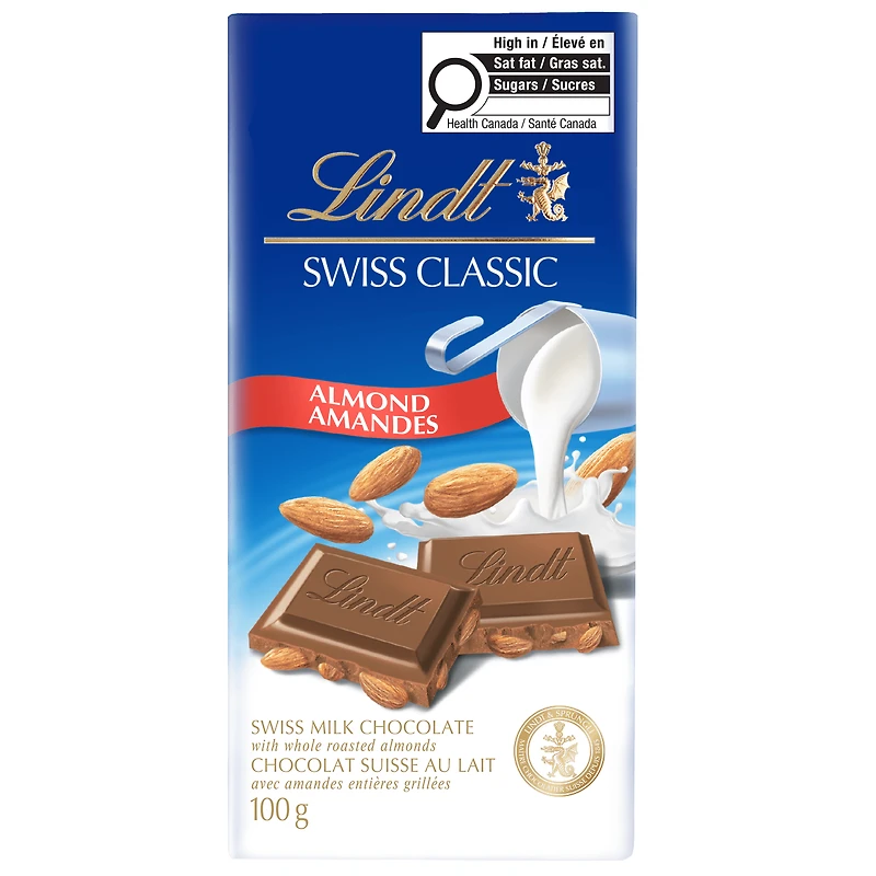 Lindt SWISS CLASSIC Almond Milk Chocolate Bar, 100 Grams