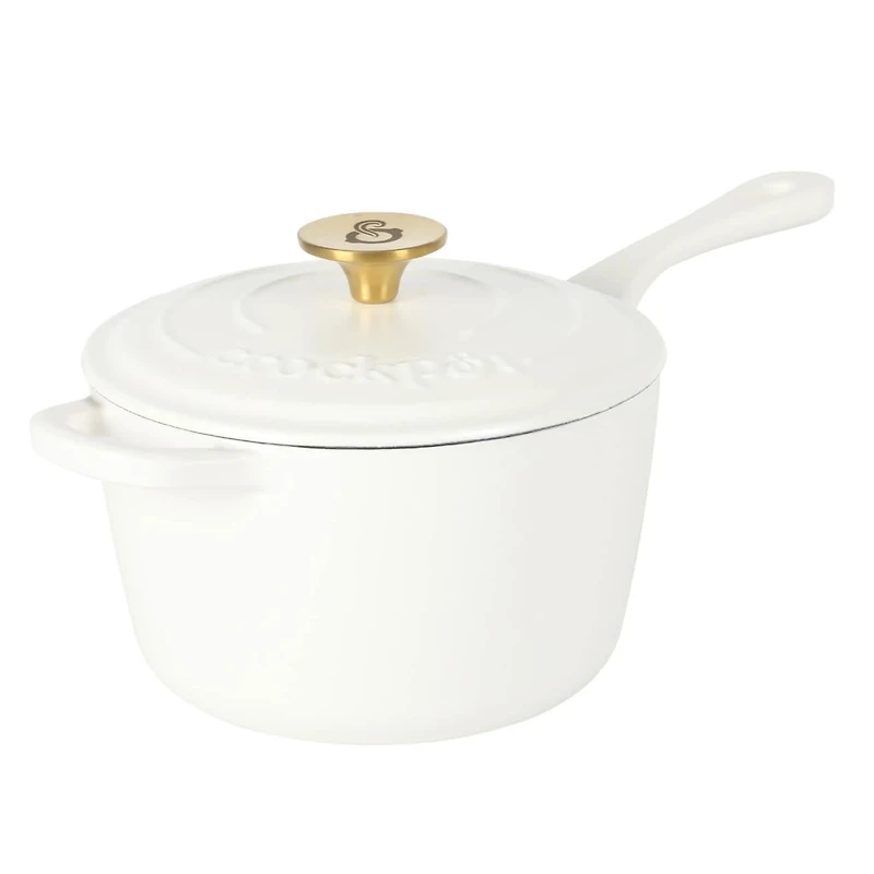 Crock-Pot Artisan 3 Qt Enameled Cast Iron Saucepan w/Lid & SS Gold Knob, Matte Linen