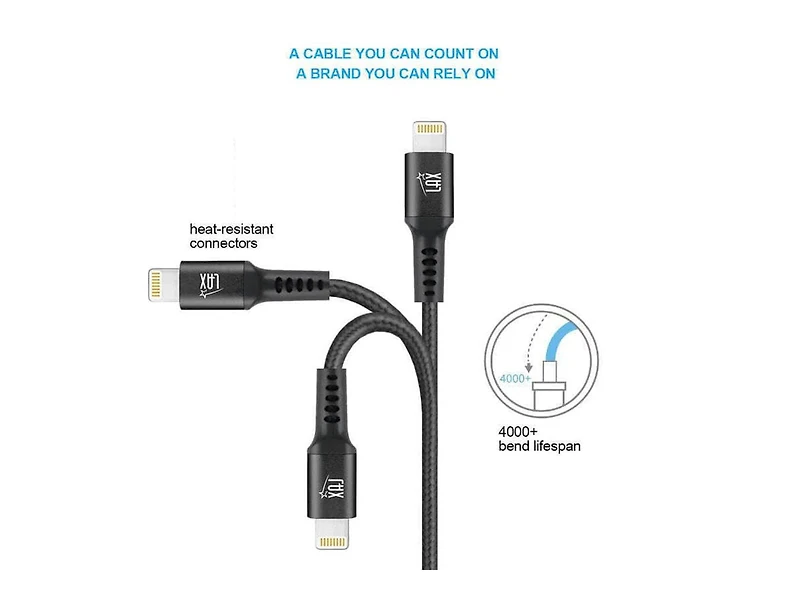 LAX MFi Certified Durable Braided Nylon Charge/Sync Lightning Cables 4ft, Noir