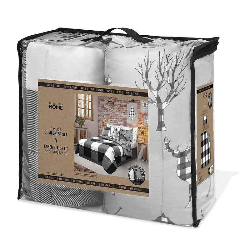 Safdie & Co. Comforter Set 3PC DQ Printed Buffalo Plaid White/Black