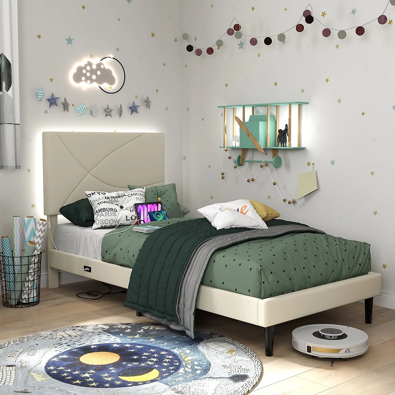 Lit simple rembourré Homy Casa avec éclairage DEL, ports USB et tête de lit rembourrée pour chambre d'enfant, beige