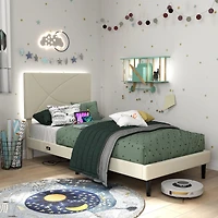 Lit simple rembourré Homy Casa avec éclairage DEL, ports USB et tête de lit rembourrée pour chambre d'enfant, beige
