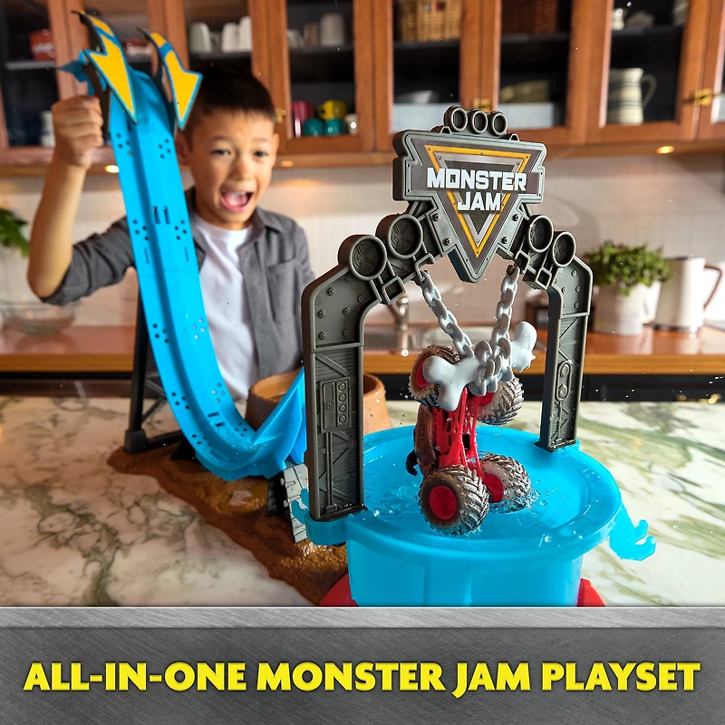 Monster Jam Mud Blasters, Coffret Monster Mutt Dalmatian Dunk Tank , changement de couleur, cadeaux pour garçons et filles à partir de 3 ans