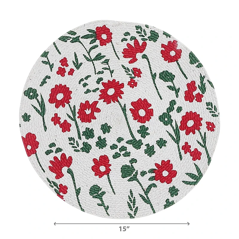 IH Casa Decor Printed Round Cotton Rope Placemat Red Floral - Set of 12