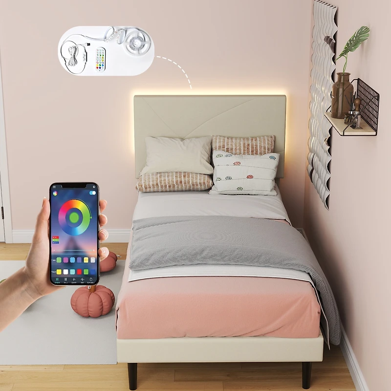 Lit simple rembourré Homy Casa avec éclairage DEL, ports USB et tête de lit rembourrée pour chambre d'enfant, beige