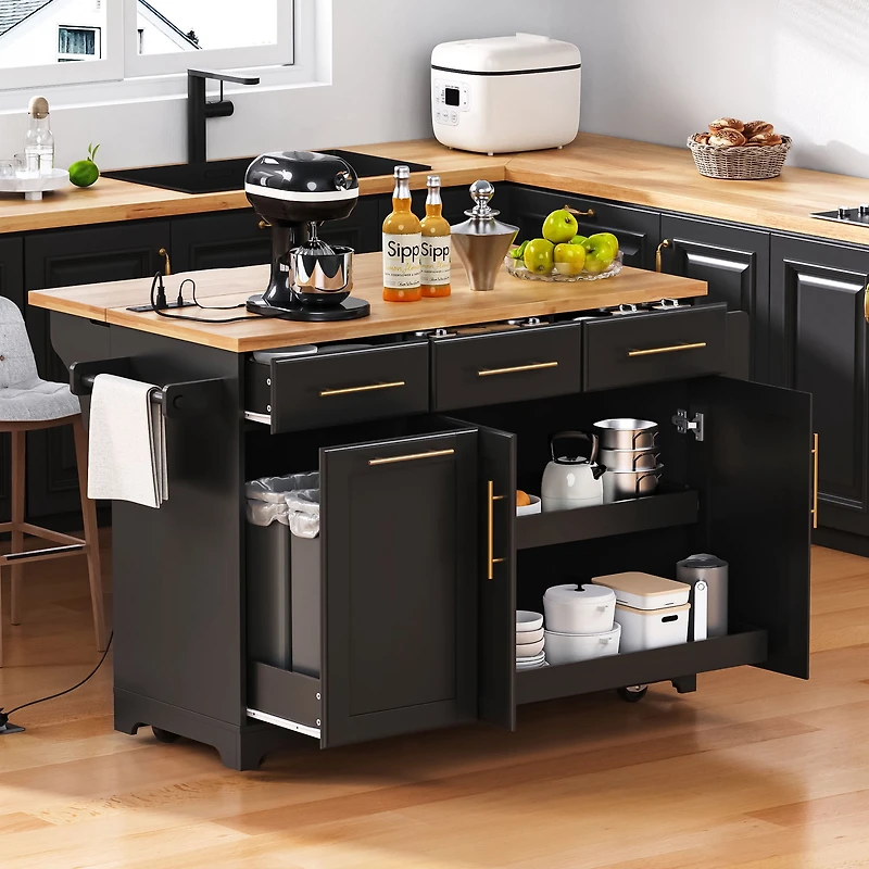Chariot de cuisine Homy Casa avec tiroirs, plan de travail pliable et station de charge - Noir