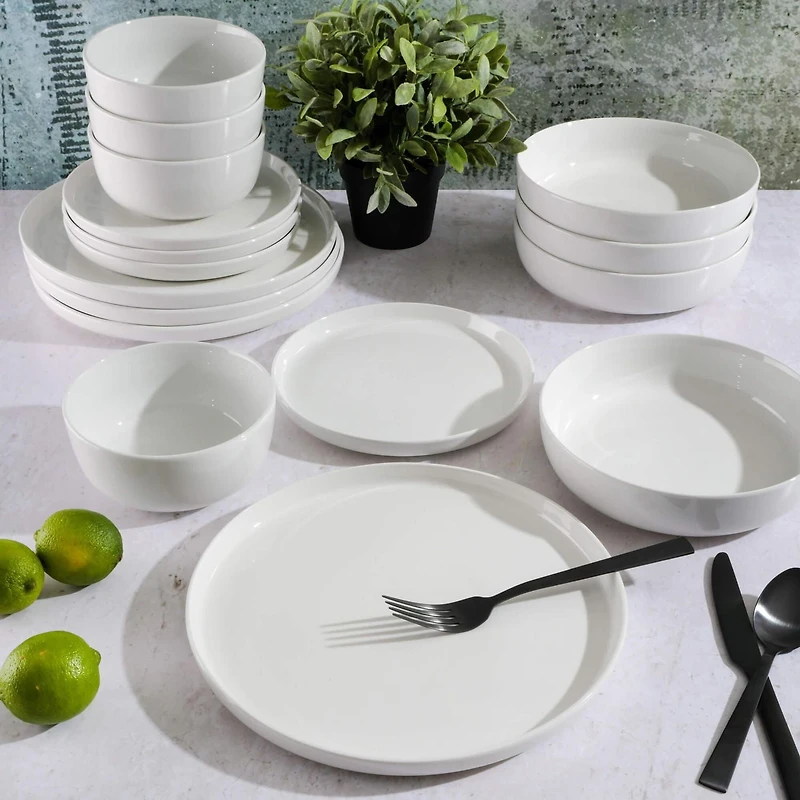 Gibson Home White Deco 16 Piece Double Bowl Dinnerware Set - White