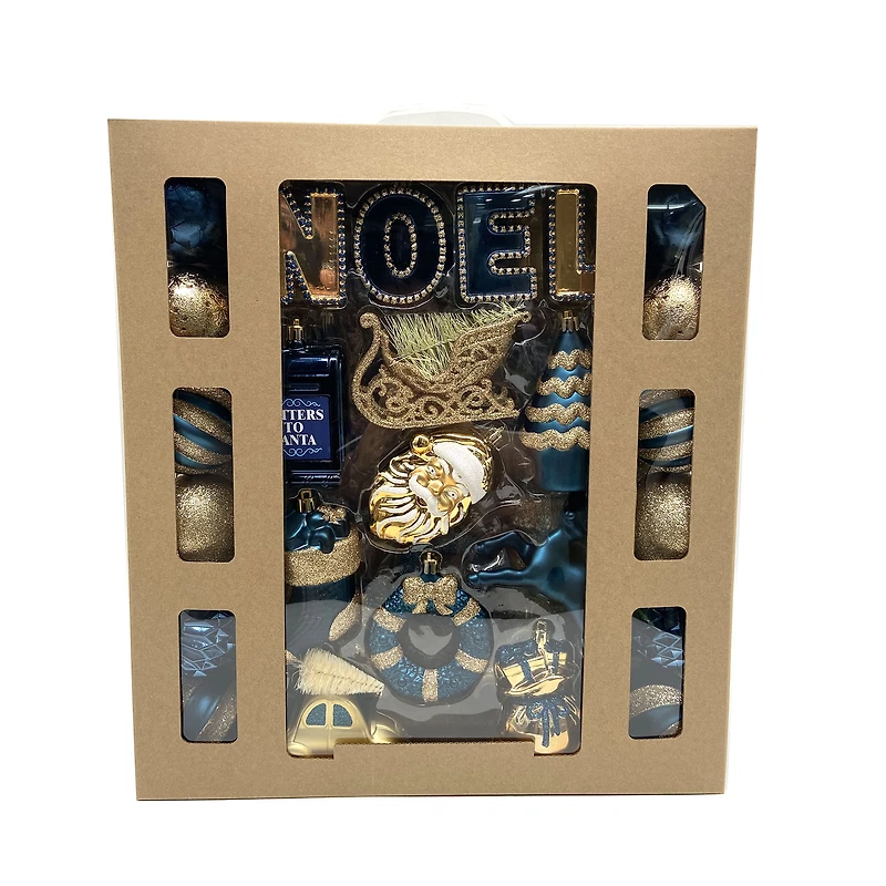 Holiday Time 50-Count Iconic Symbols of Christmas Shatterproof Christmas Ornaments, Navy/Gold