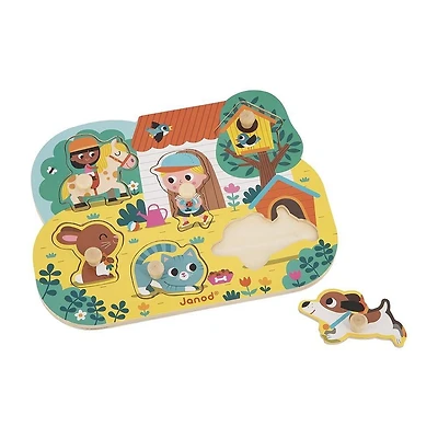 Janod - Puzzle de la campagne - 6 pièces à chevilles - Bois - Apprentissage précoce - Compétences motrices fines - Pour tout-petits - À partir de 18 mois - Multilingue
