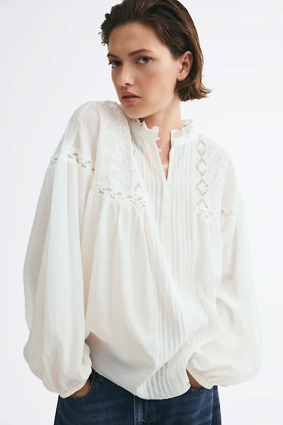 Lace-Inset Balloon-Sleeved Blouse