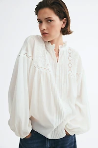Lace-Inset Balloon-Sleeved Blouse
