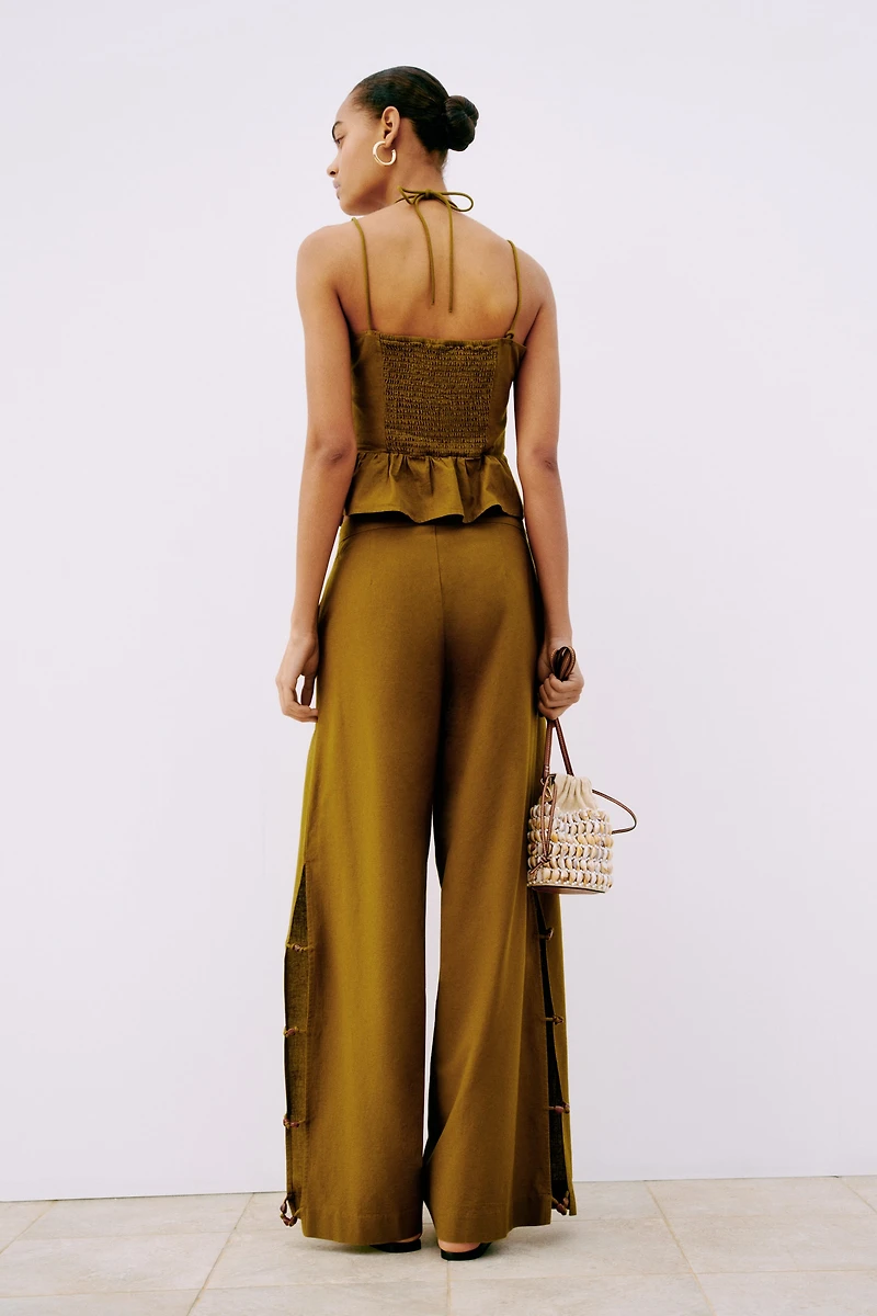 Linen-Blend Cutout Pants
