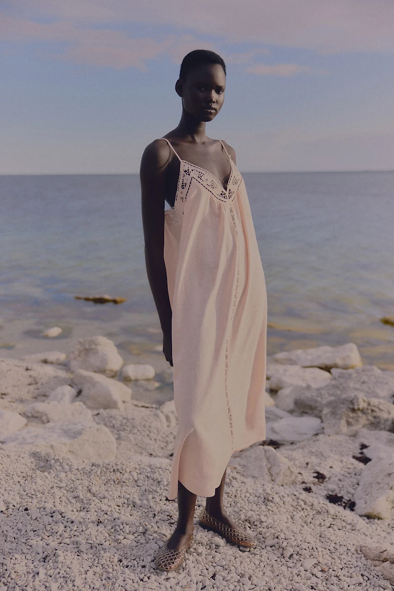 Eyelet-Embroidered Dress with Tie Shoulder Straps