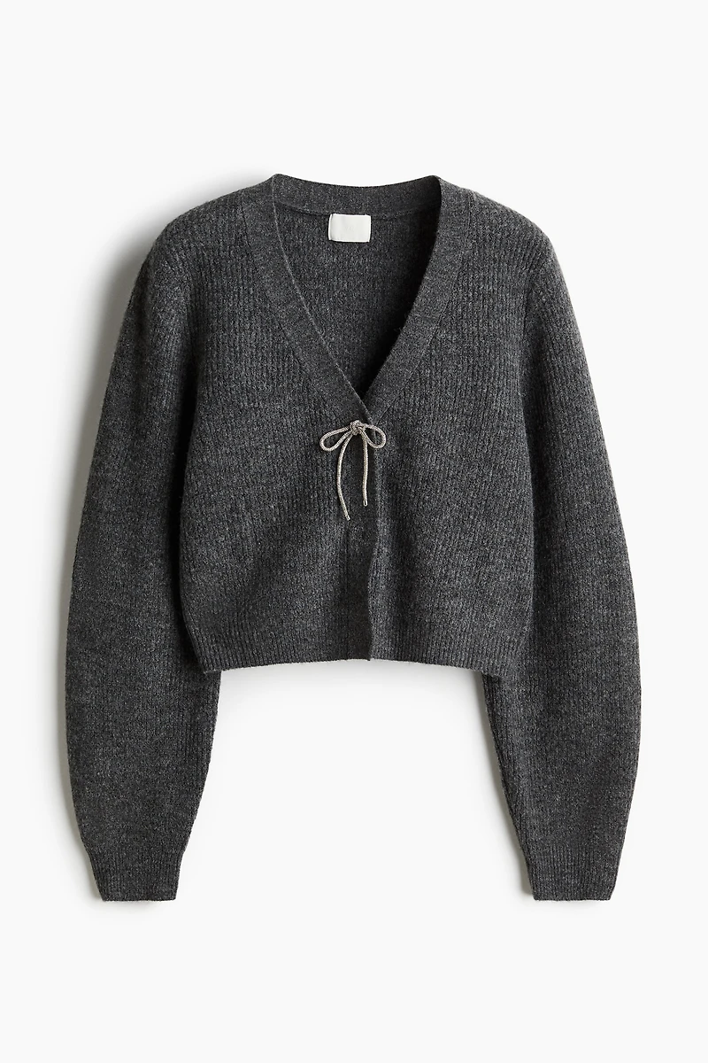 Bow-Detail Rib-Knit Cardigan