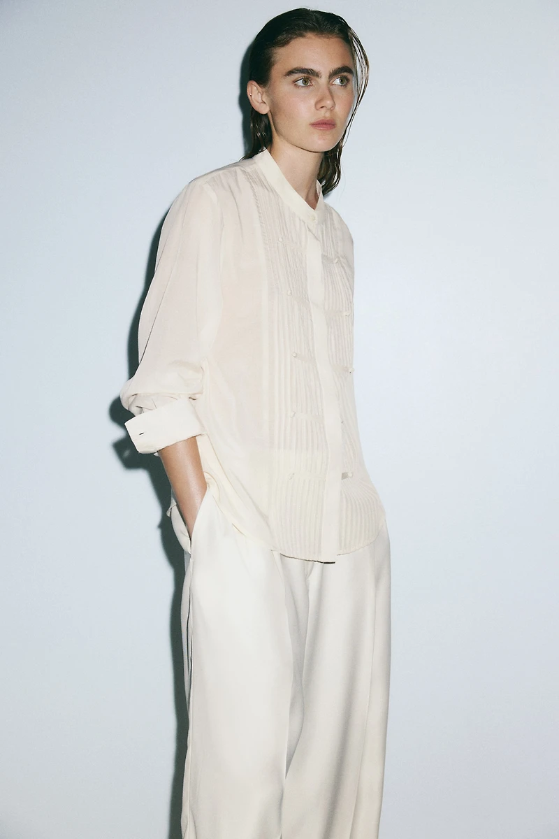 Button-Front Pintuck Blouse
