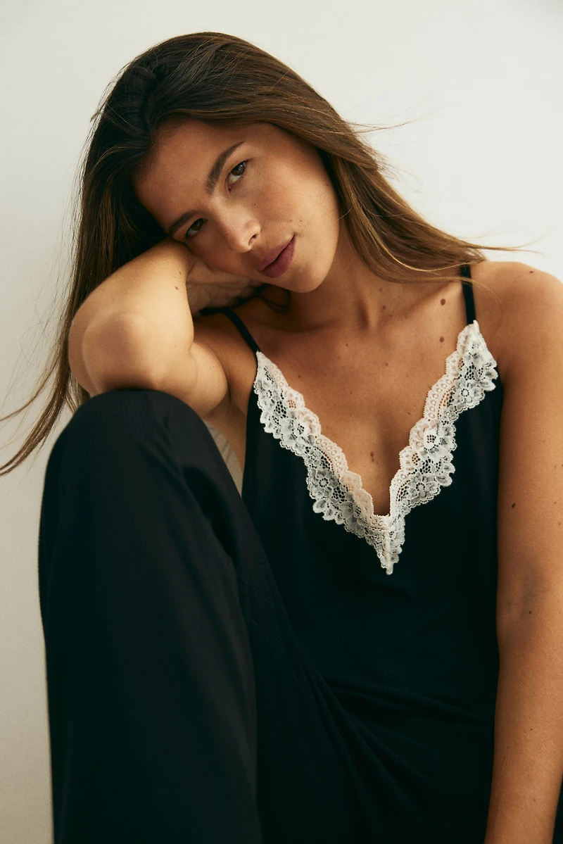 Lace-Trimmed Ribbed Pajamas