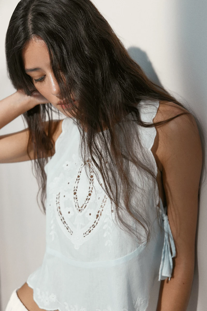 Embroidered Tie-Detail Top
