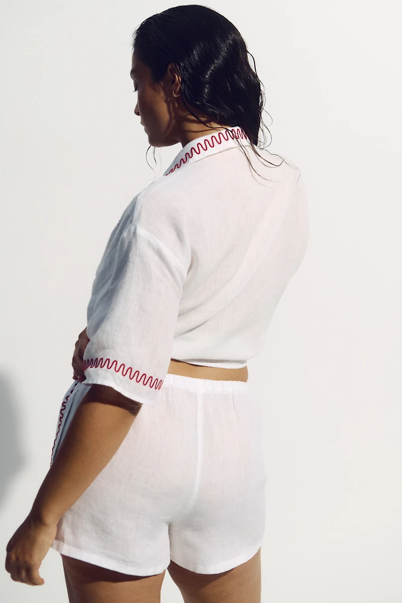 Embroidered Linen Beach Shorts