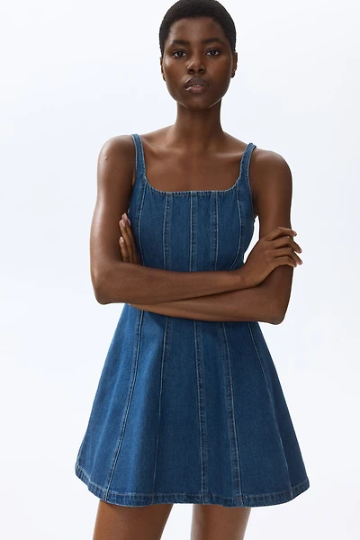 Flared-Skirt Denim Dress