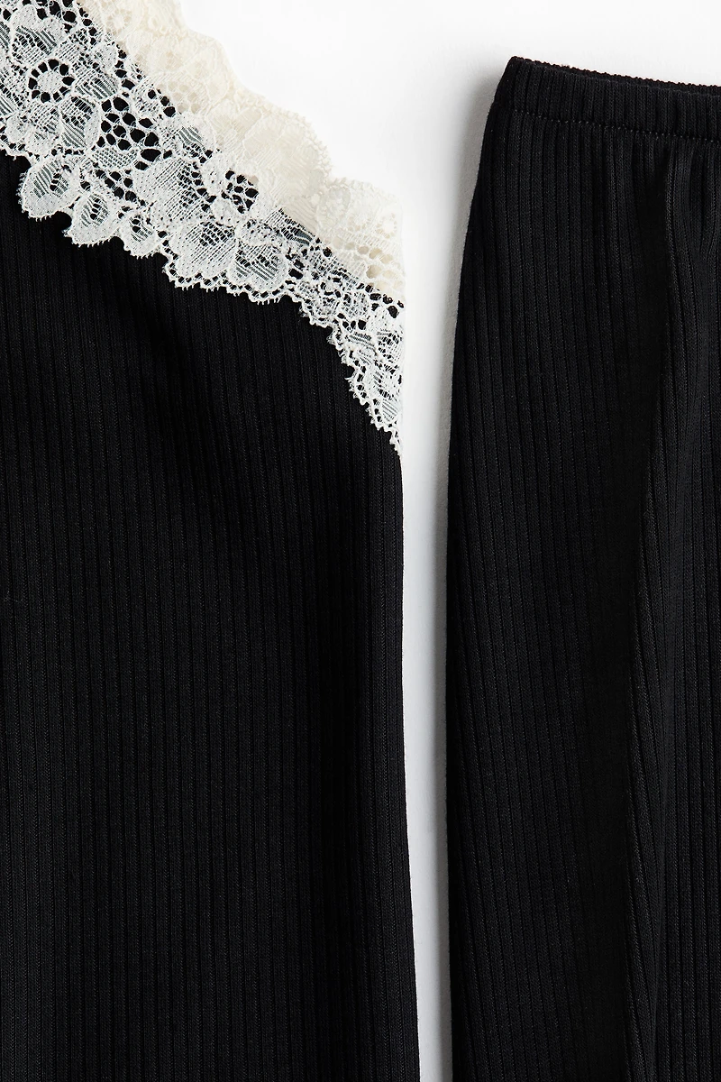 Lace-Trimmed Ribbed Pajamas