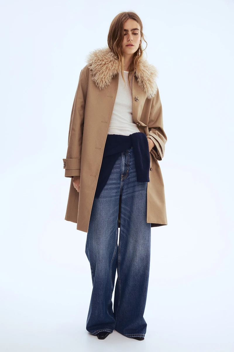 Twill Coat with Fluffy Collar