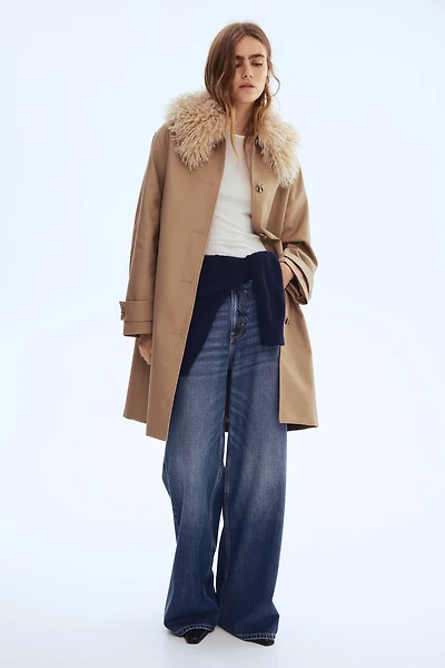 Twill Coat with Fluffy Collar