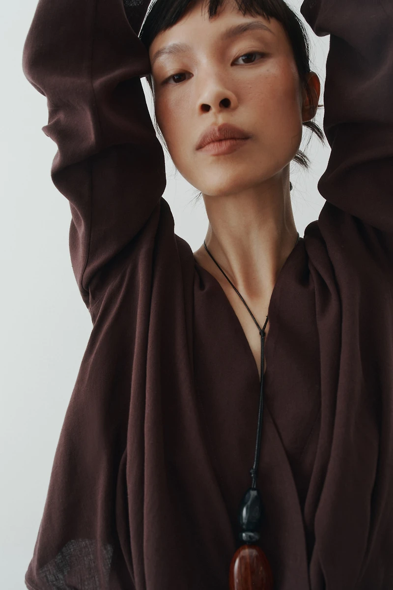 Linen-Blend Wrap Blouse